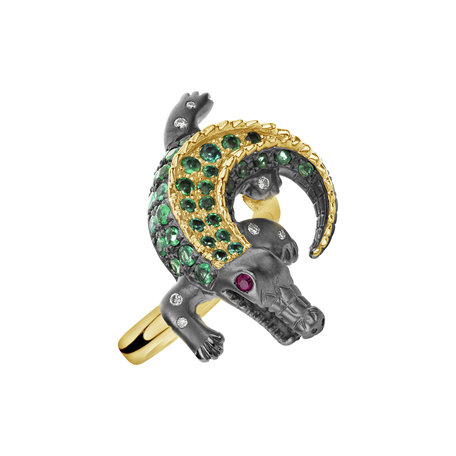 Diamond ring with Emerald and Ruby Black Croco