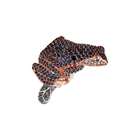 Ring with white, brown and black diamonds and Sapphire Midnight Frog