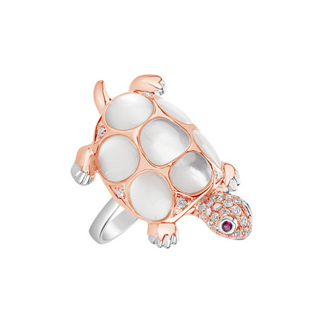 Ring with brown and white diamonds, Ruby and Mother of Pearl Turtle Love