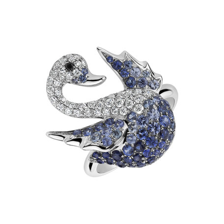 Ring with black and white diamonds and Sapphire Magical Swan