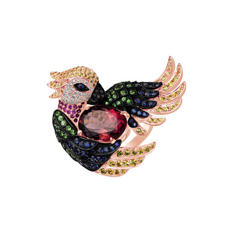 Ring with black and white diamonds and gemstones Parrot King