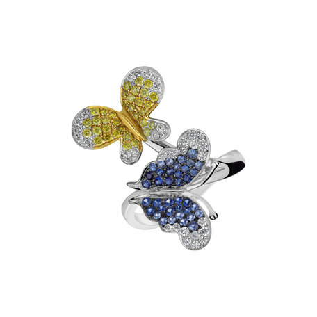 Ring with yellow and white diamonds and Sapphire Papillon Melody