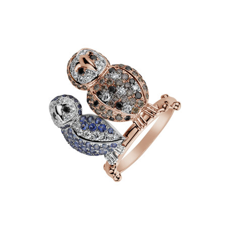 Ring with white, brown and black diamonds and Sapphire Fairytale Owl