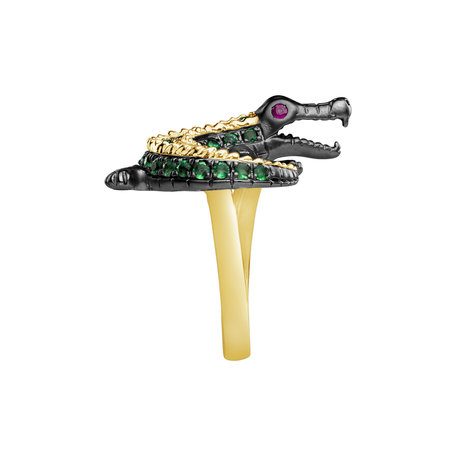 Diamond ring with Emerald and Ruby Black Croco