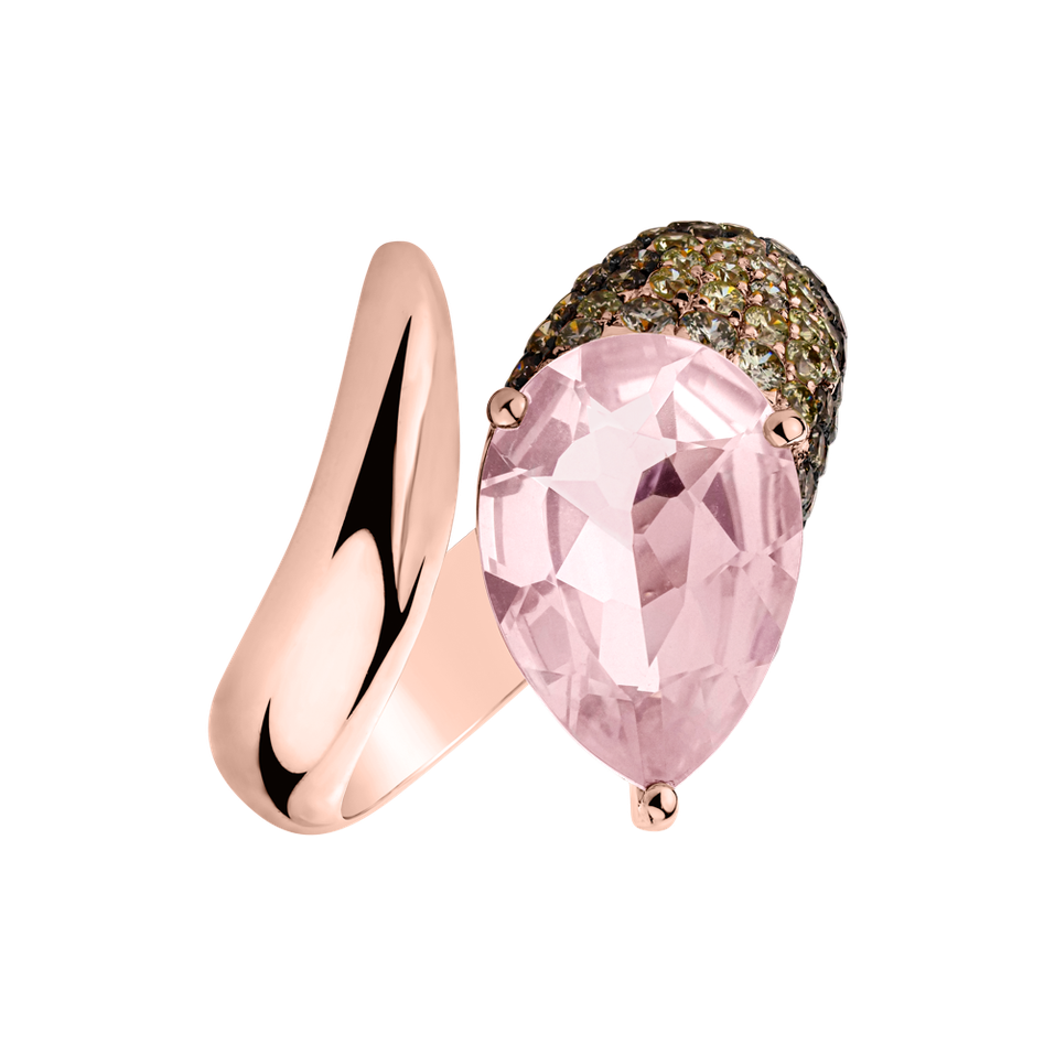 Ring with Rose Quartz, brown and white diamonds Venus Ribbon