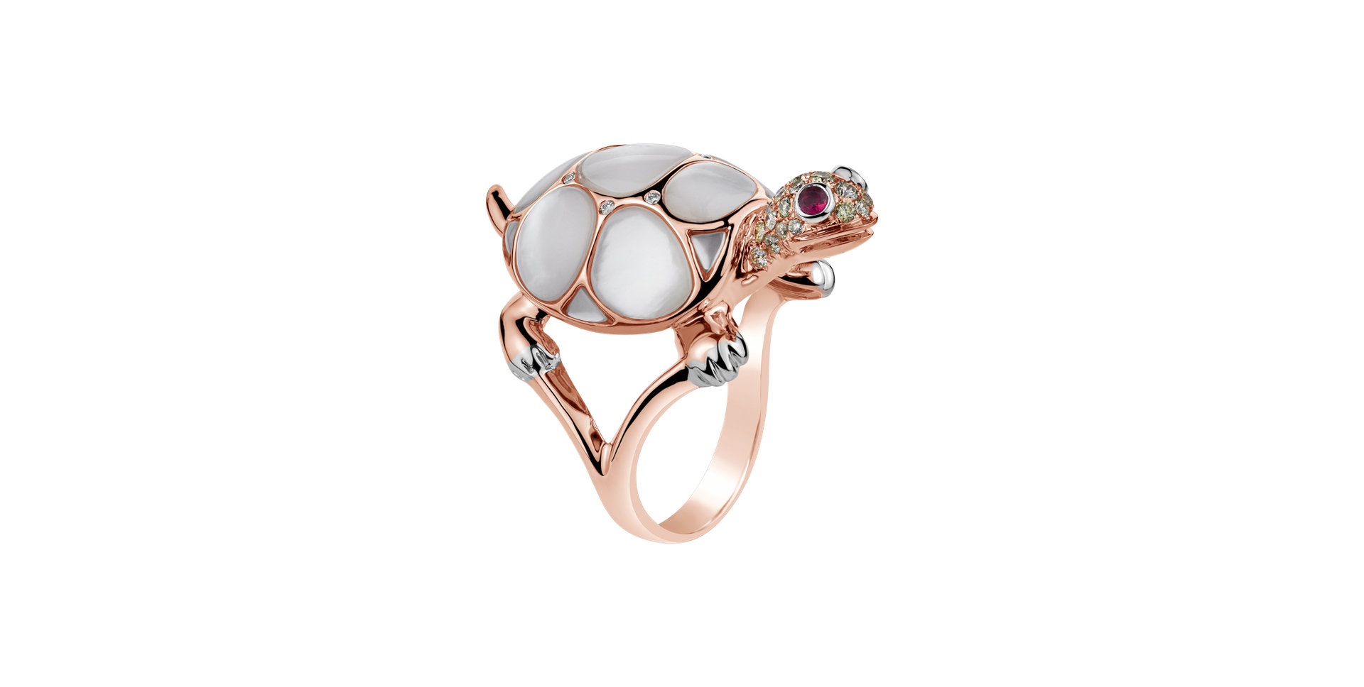 Ring with brown and white diamonds, Ruby and Mother of Pearl Turtle Joy