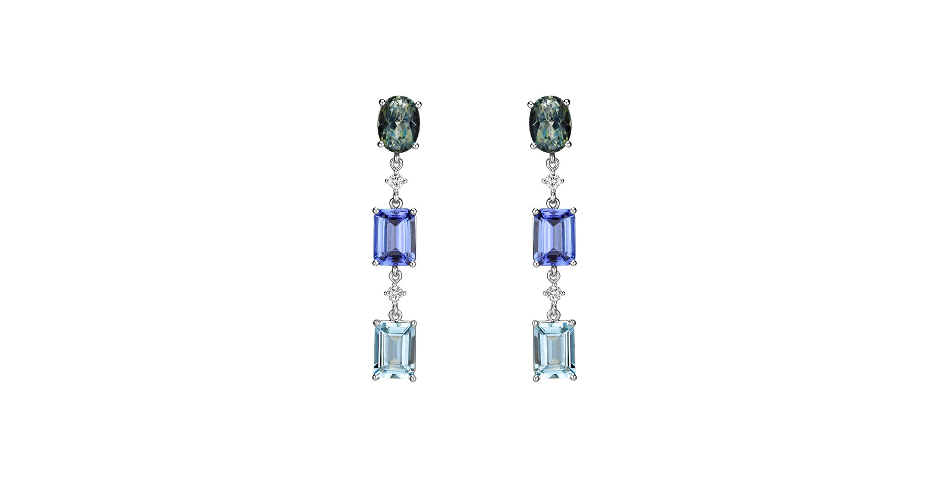 Diamond earrings, Aquamarine, Tanzanite and multisapphire Mystic Rain