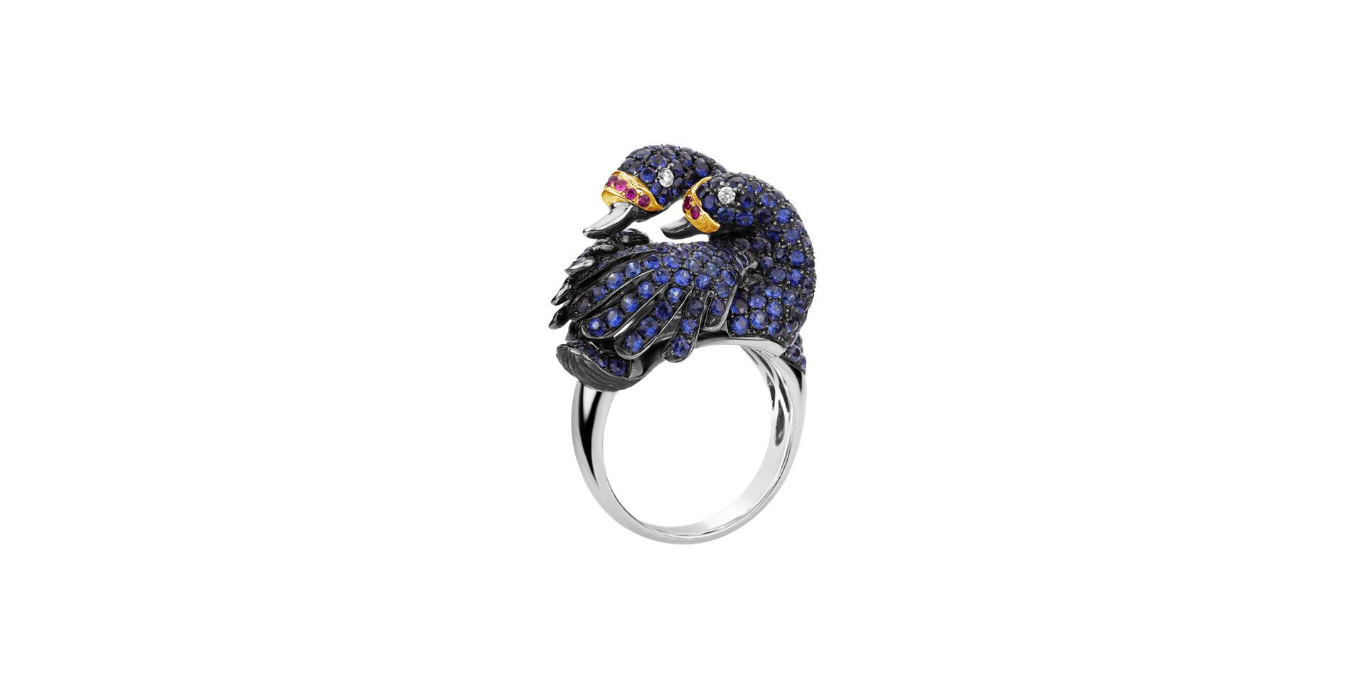 Diamond ring with Ruby and Sapphire Blue Swan