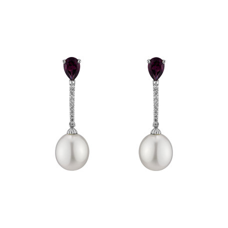 Earrings with Pearl, diamonds and Rhodolite Undersea Passion