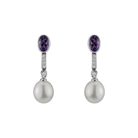 Earrings with Pearl, diamonds and Amethyst Ocean for Nadia