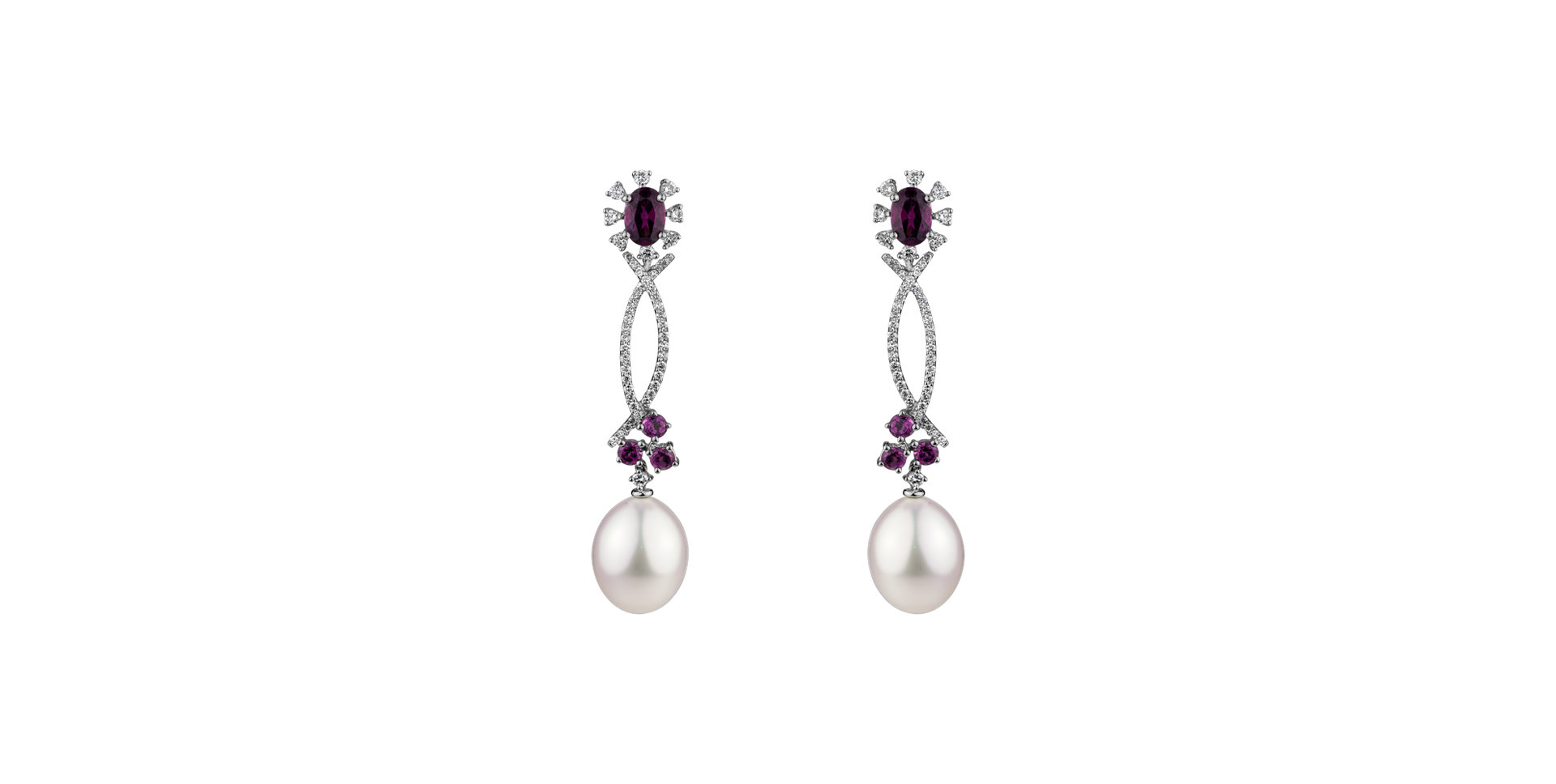Earrings with Pearl, diamonds and Rhodolite Duchess Catherine