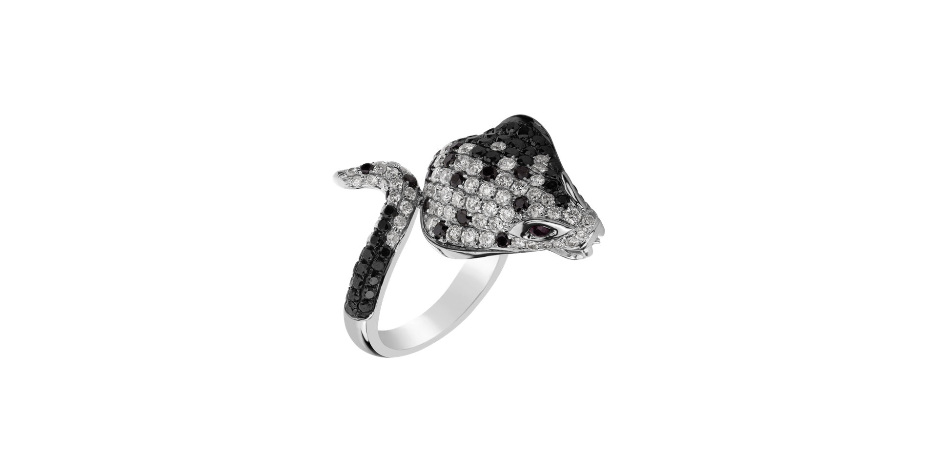 Ring with black and white diamonds, Mother of Pearl and Ruby Queen Cobra