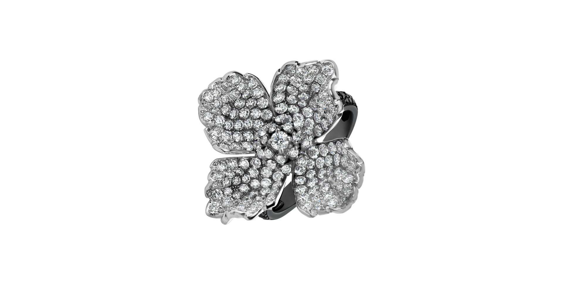 Ring with black and white diamonds Mystery Flower