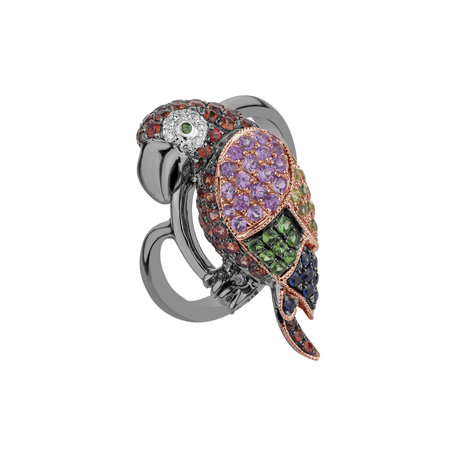Diamond ring with Garnet and Sapphire Magic Parrot
