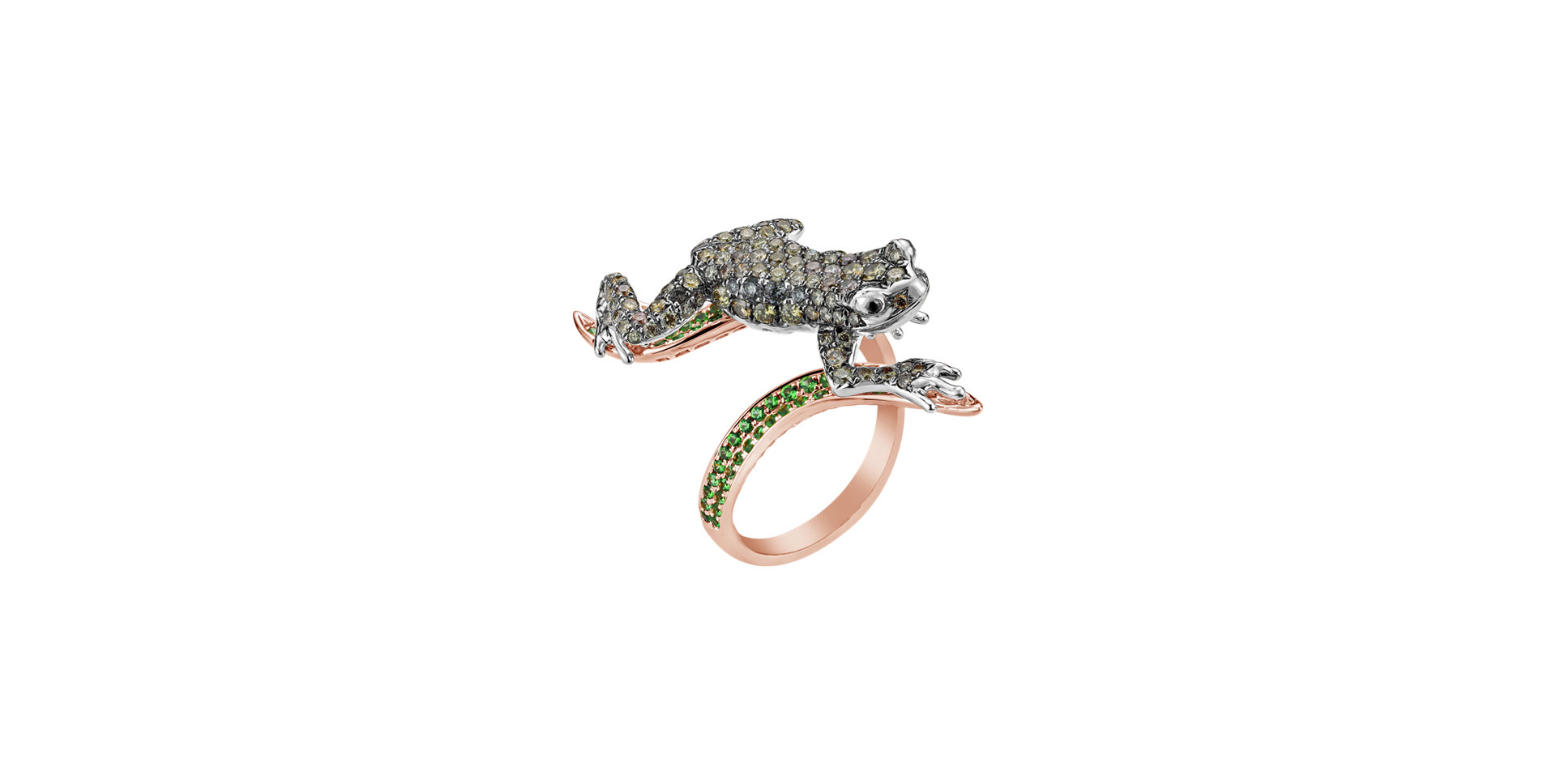Ring with black and white diamonds and Garnet Luxury Frog