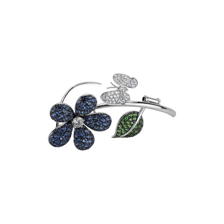 Diamond brooch with Sapphire and Garnet Heavenly Flower