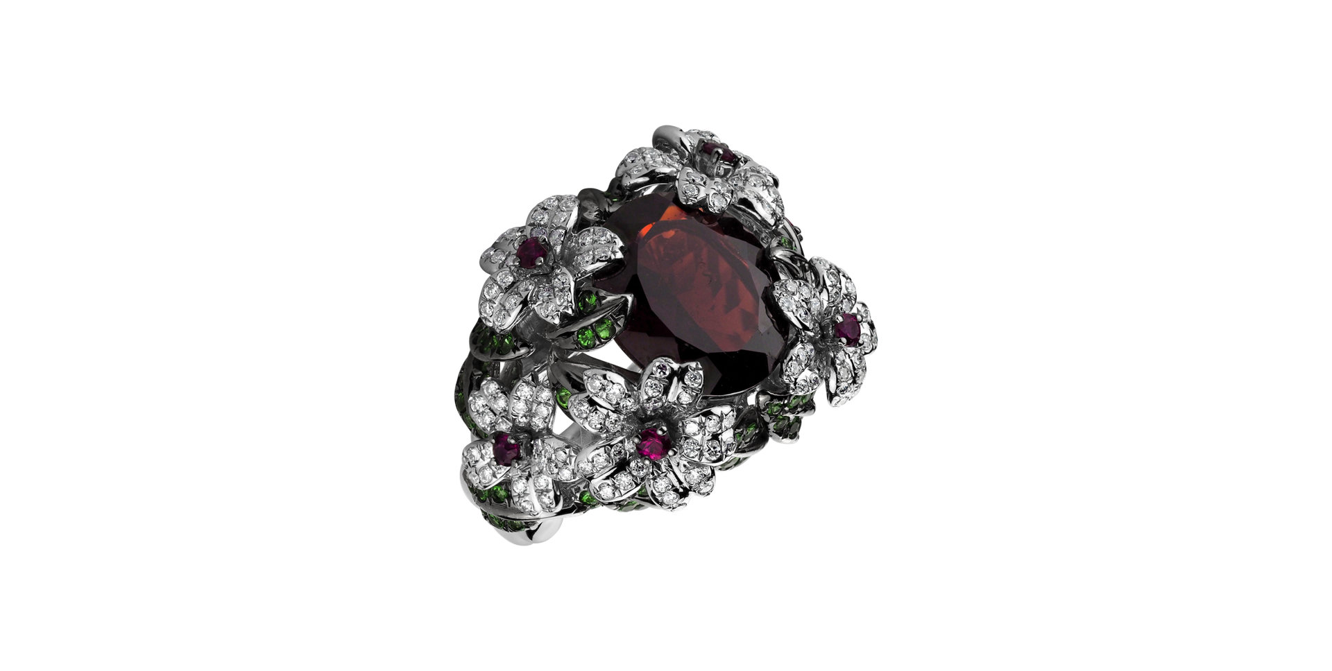 Diamond ring with Ruby and Garnet Bannister