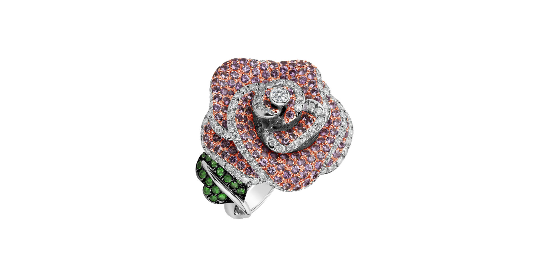 Diamond ring with Sapphire and Garnet Flor