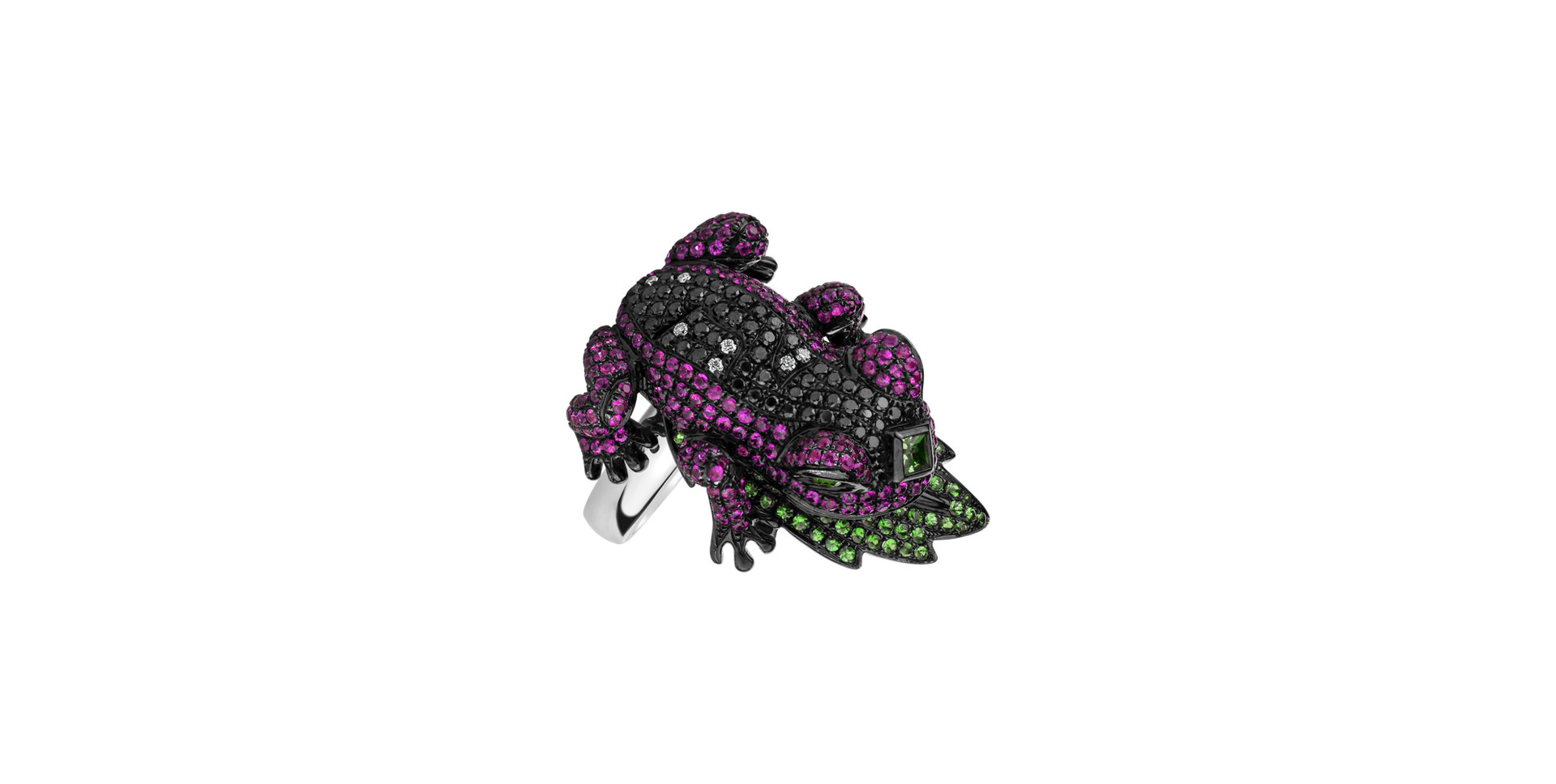 Ring with black and white diamonds, Sapphire and Garnet Fairy tale Frog