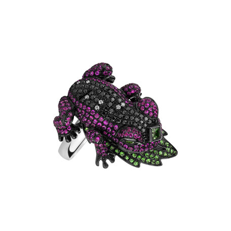 Ring with black and white diamonds, Sapphire and Garnet Fairy tale Frog