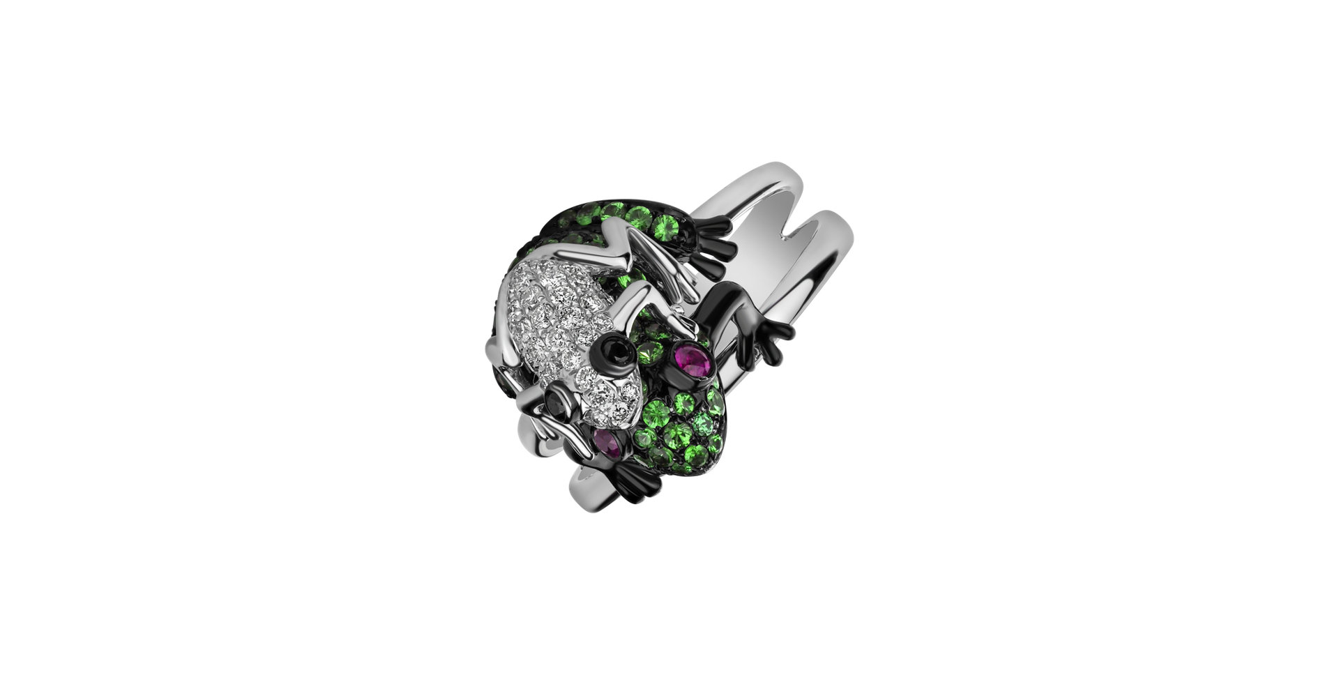 Ring with black and white diamonds, Sapphire and Garnet Frog Twins