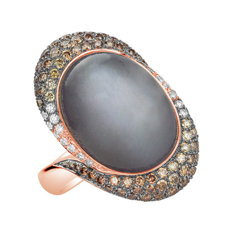 Ring with Moonstone, brown and white diamonds Spectral Mist