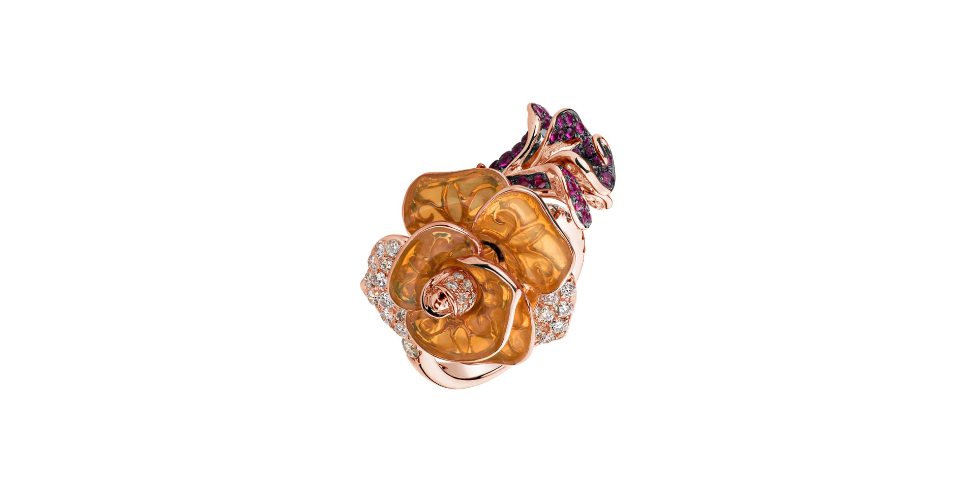 Ring with brown and white diamonds, Enamel and Ruby Princess Rose