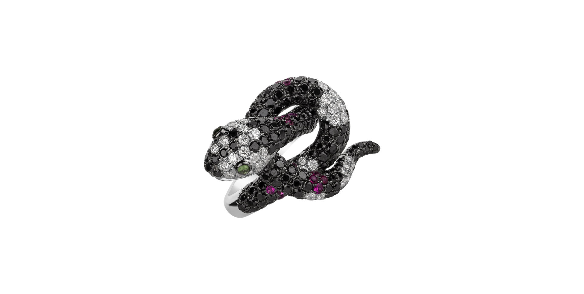 Ring with black and white diamonds, Garnet and Ruby Black and White Snake