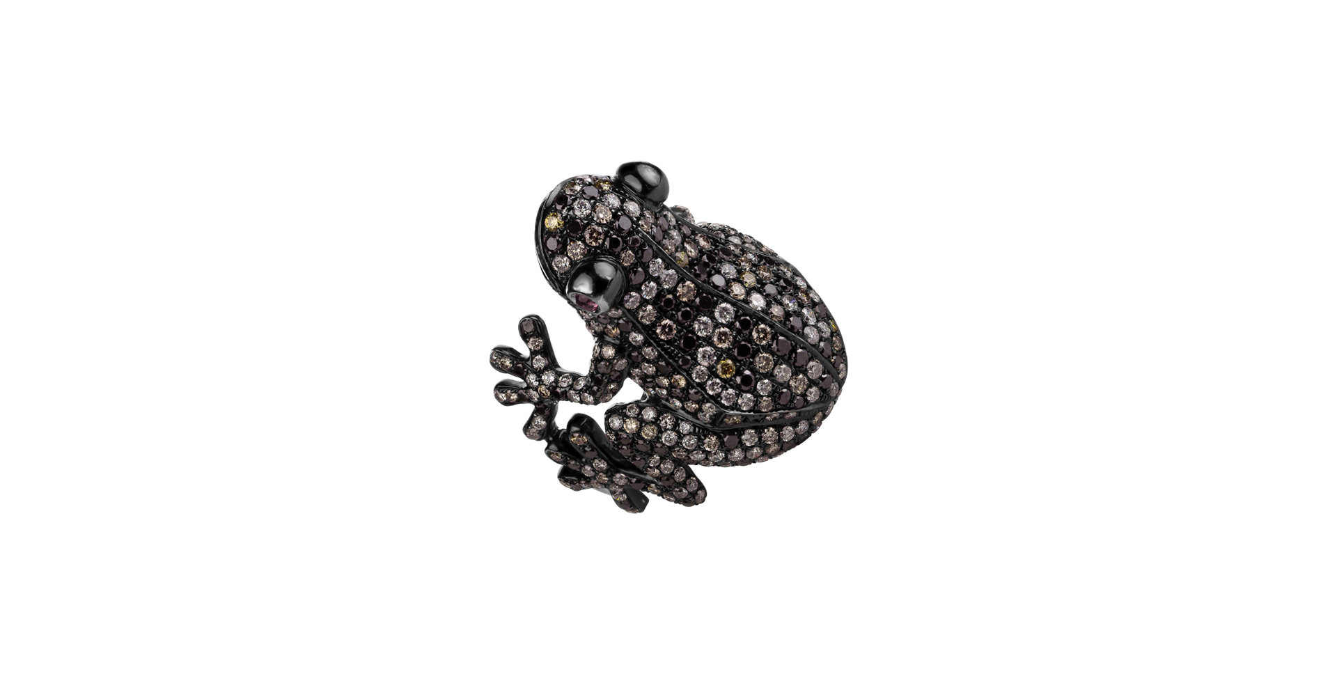 Ring with white, brown and black diamonds and Tourmalíne My Frog