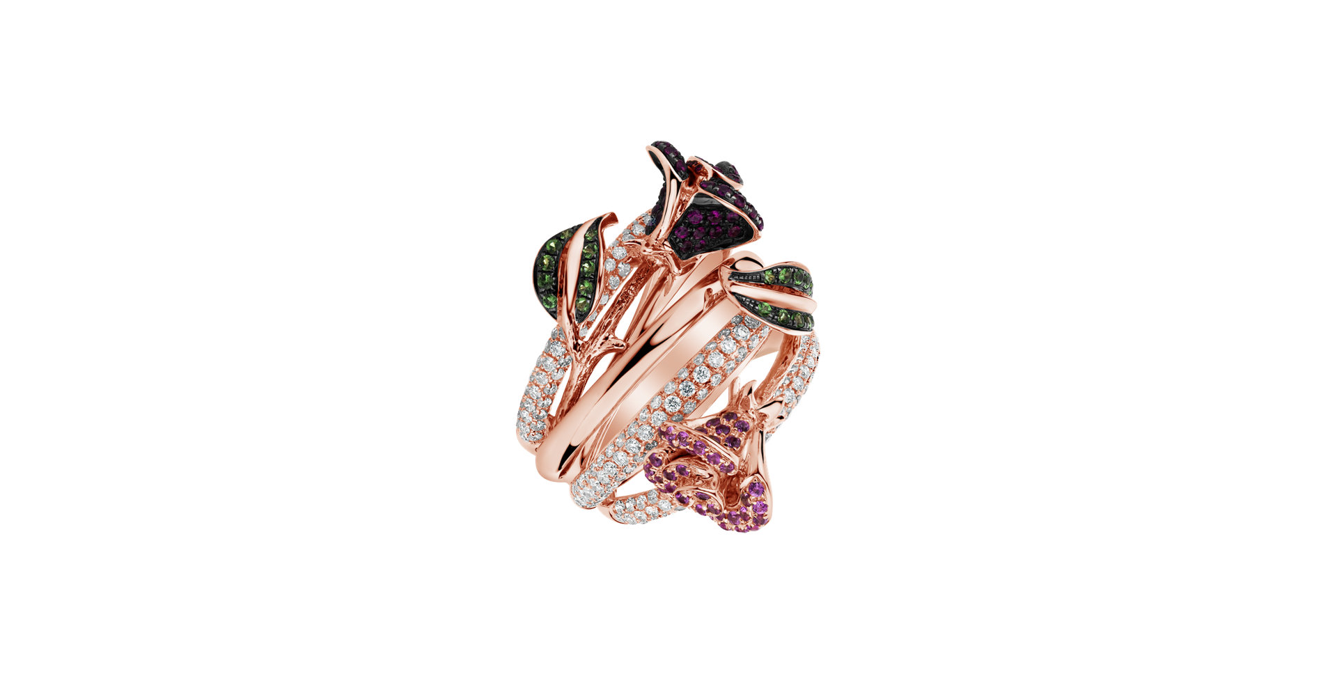 Diamond ring with Ruby, Sapphire and Garnet Flower Sin