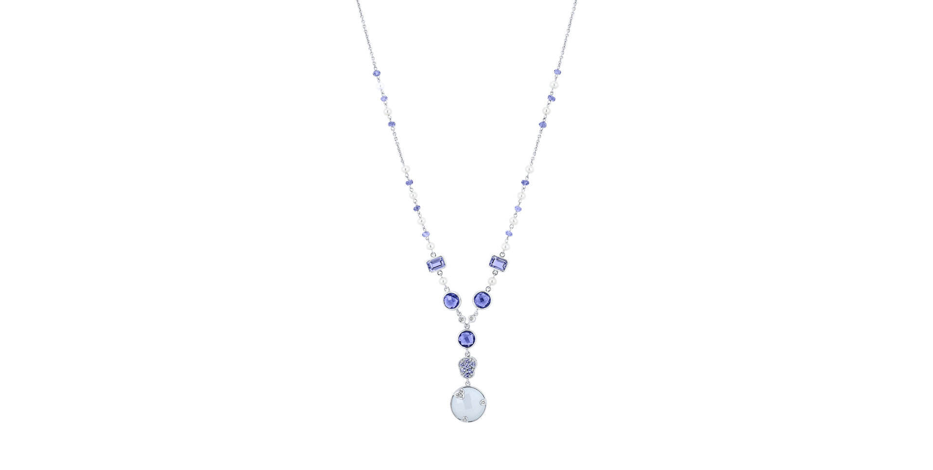 Diamond necklace with Iolite, Chalcedony and Pearl Blue Poem