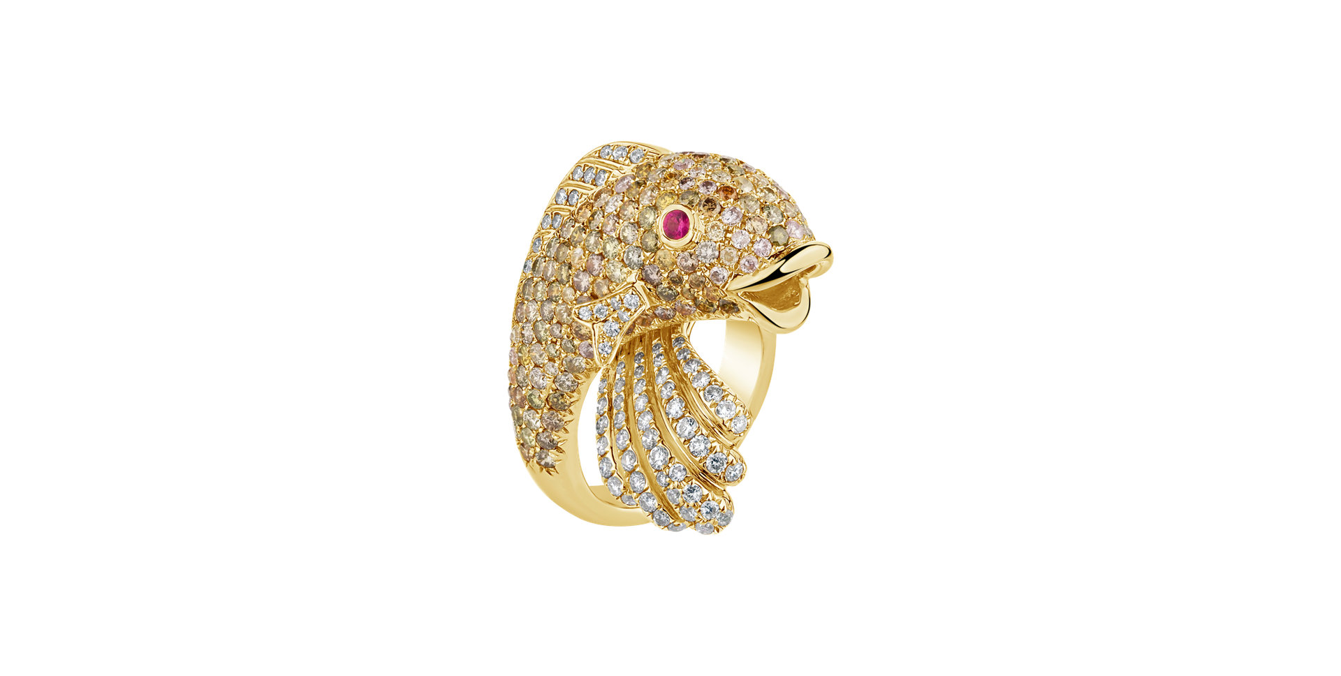 Ring with brown, yellow, white diamonds and Ruby The Legendary Carp