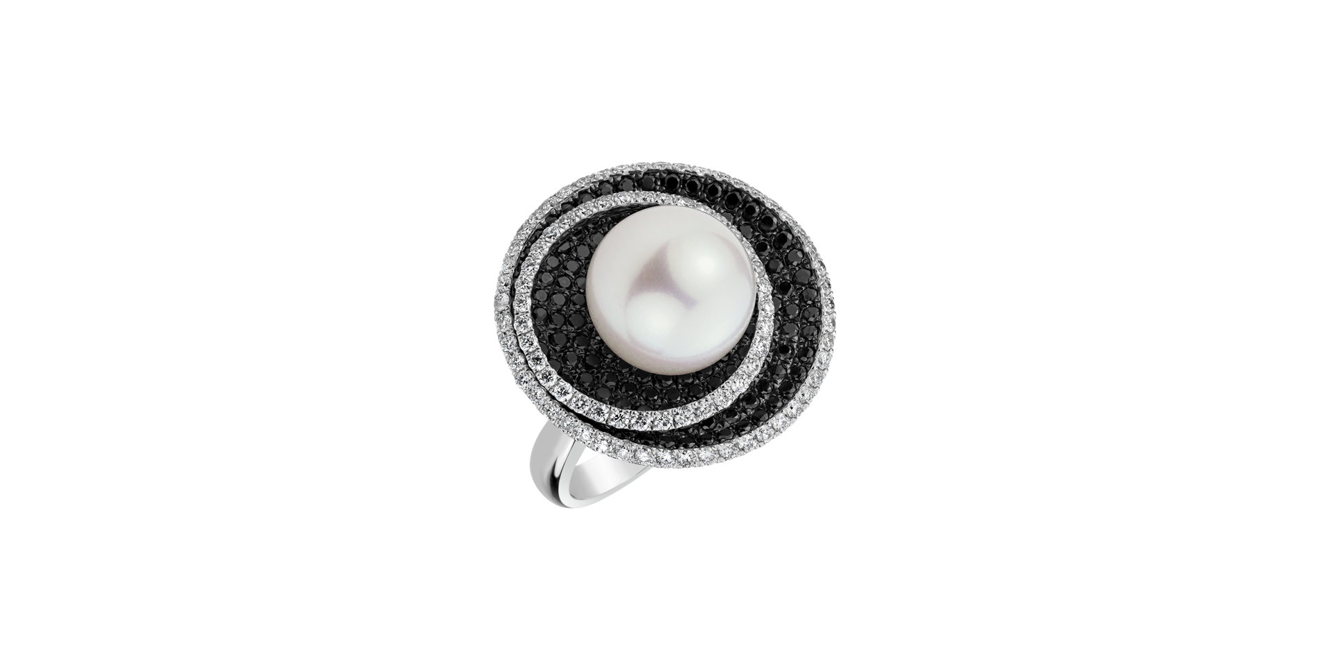 Ring with black and white diamonds and Pearl Diamonds Vortex