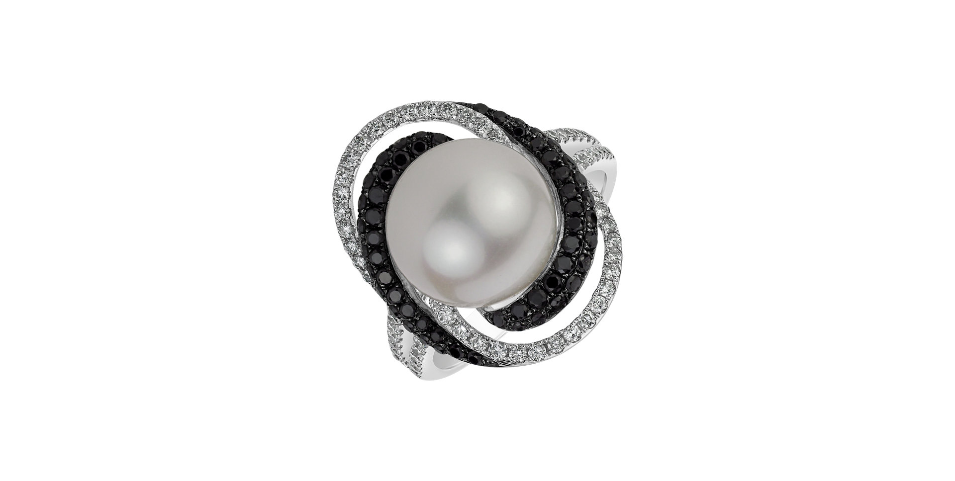 Ring with black and white diamonds and Pearl Vortex of Emotions