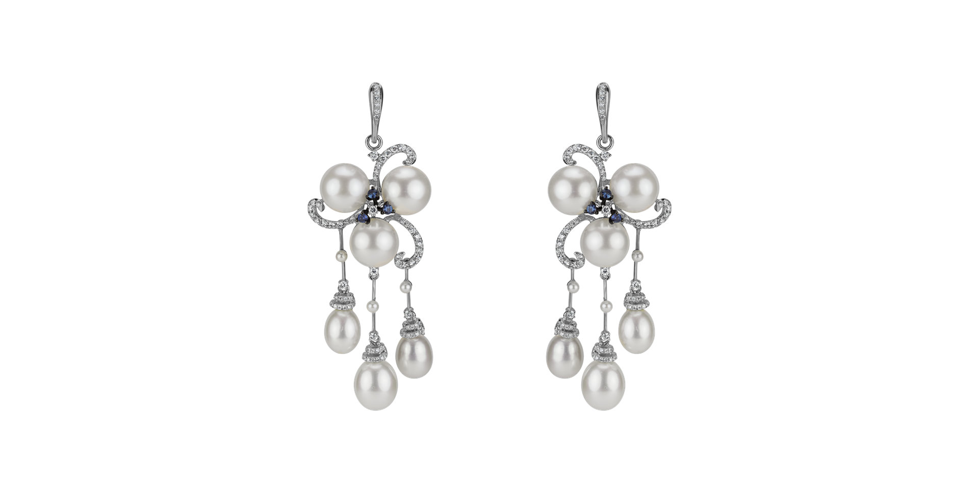Earrings with Pearl, diamonds and Sapphire Nymph Drops