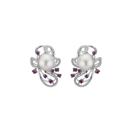 Earrings with Pearl, diamonds and Sapphire Venus Flowers