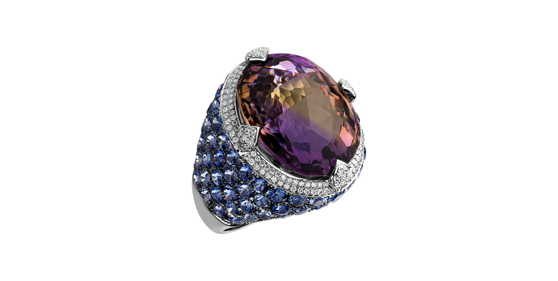 Diamond ring with Amethyst and Sapphire Renaissance Mosaic