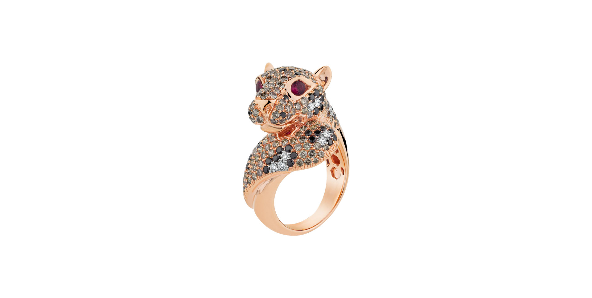 Ring with white, brown and black diamonds and Ruby Shining Cheetah