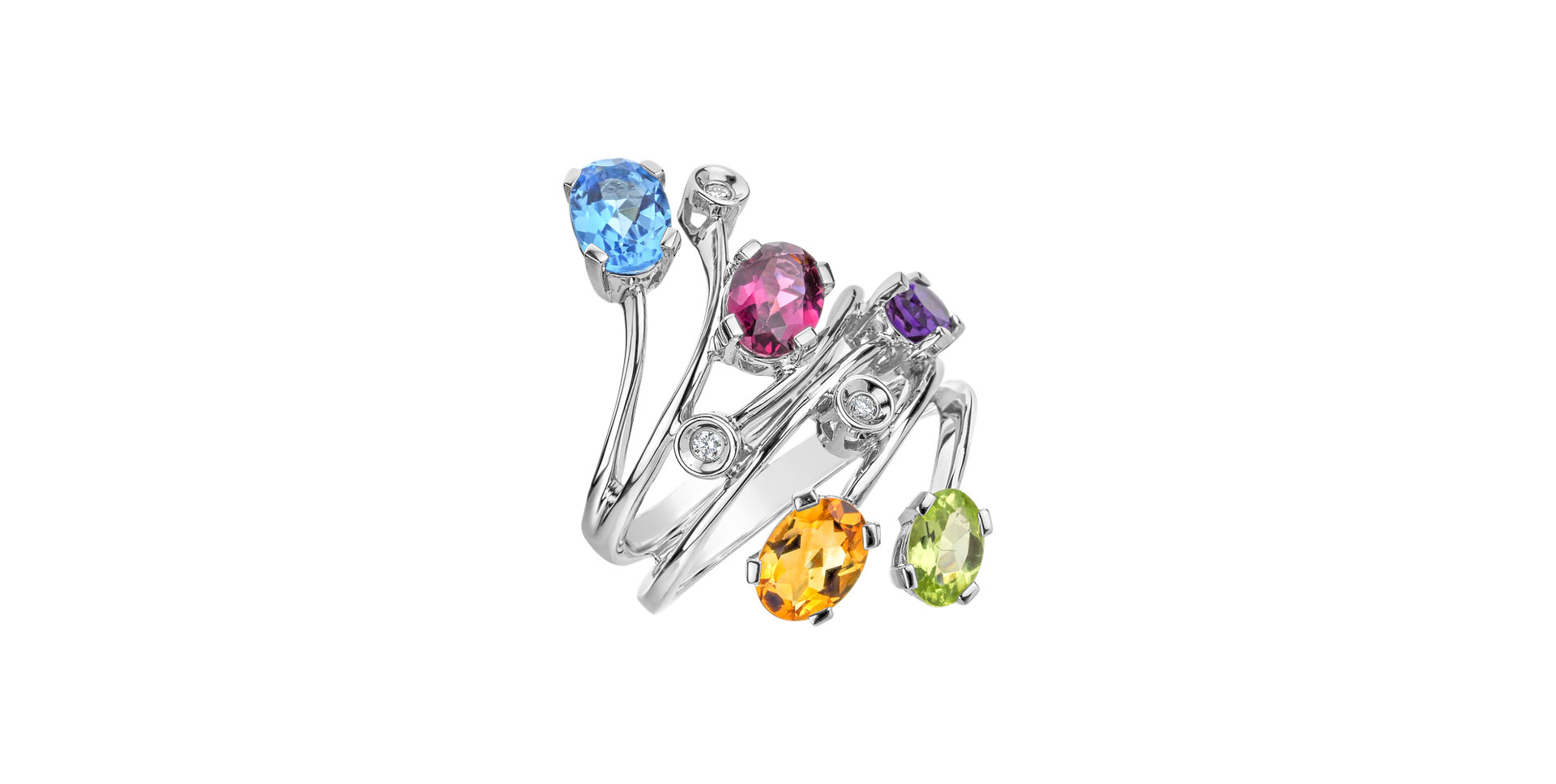 Diamond ring with Rhodolite, Peridote, Amethyst, Topaz and Citrine Pleasure