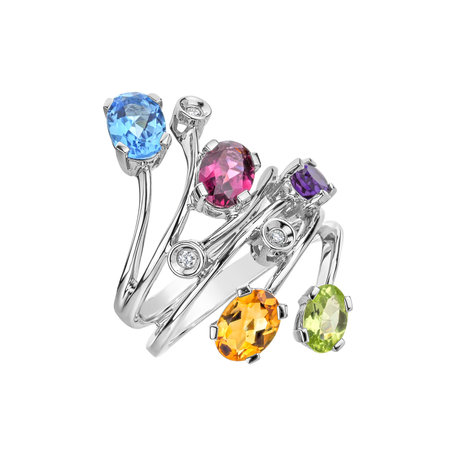 Diamond ring with Rhodolite, Peridote, Amethyst, Topaz and Citrine Pleasure