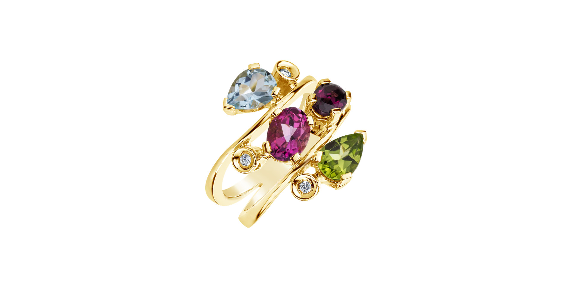 Diamond ring with Rhodolite, Peridote and Topaz Floy
