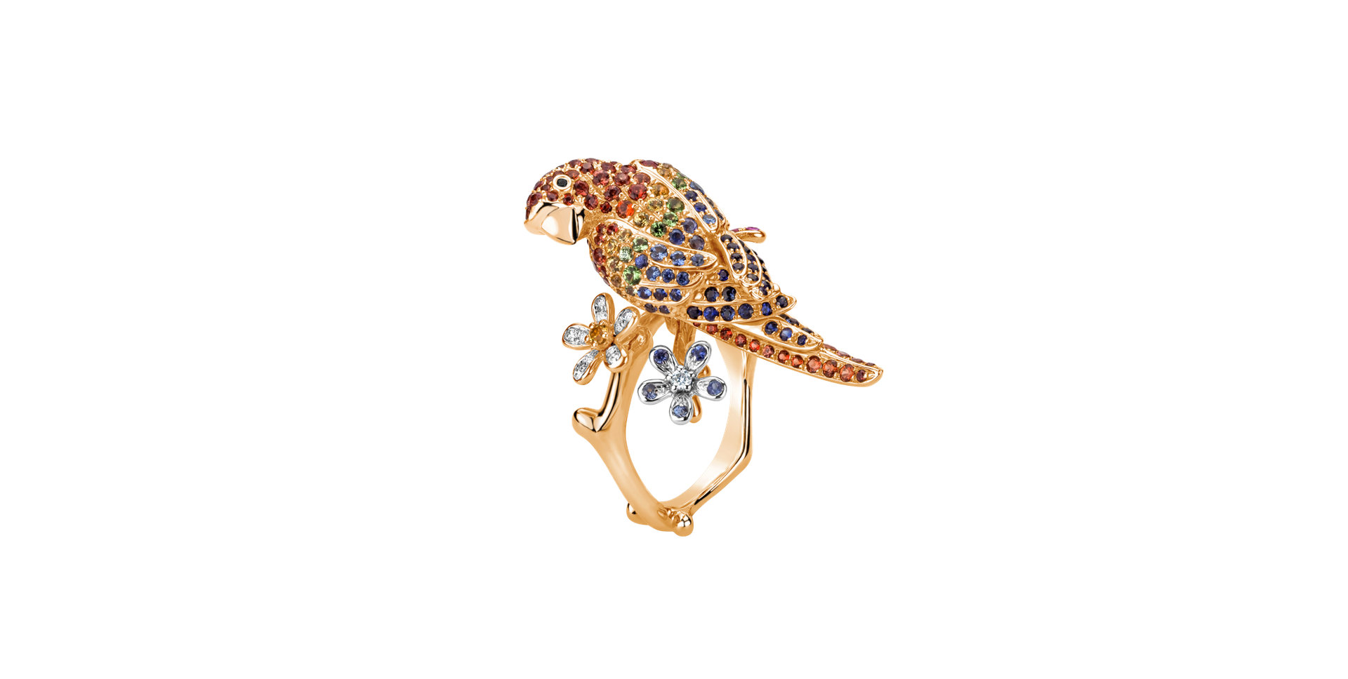 Ring with black and white diamonds, Garnet and Sapphire Alluring Parrot
