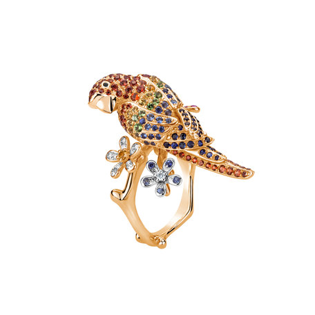 Ring with black and white diamonds, Garnet and Sapphire Alluring Parrot