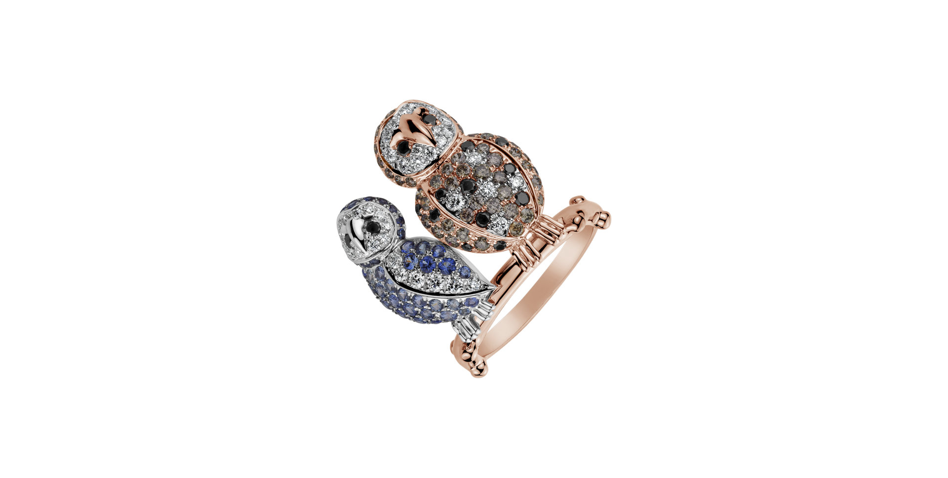 Ring with white, brown and black diamonds and Sapphire Fairytale Owl