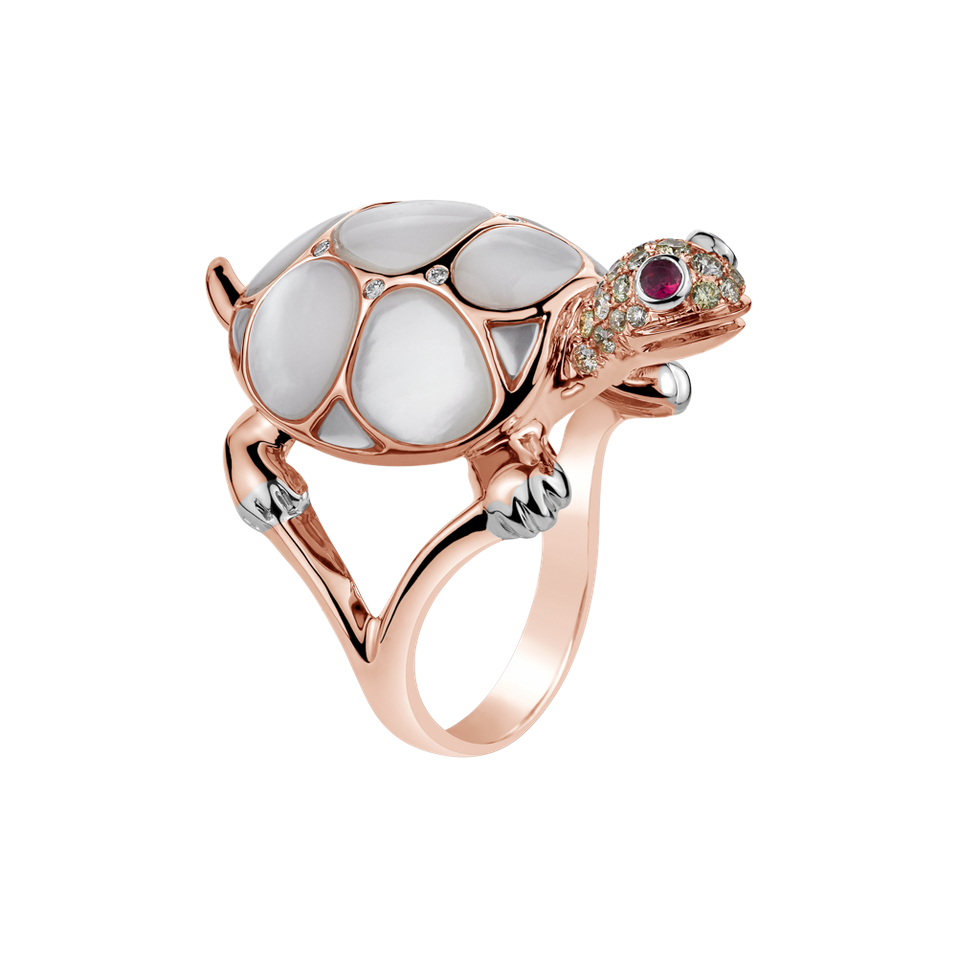 Ring with brown and white diamonds, Ruby and Mother of Pearl Turtle Joy
