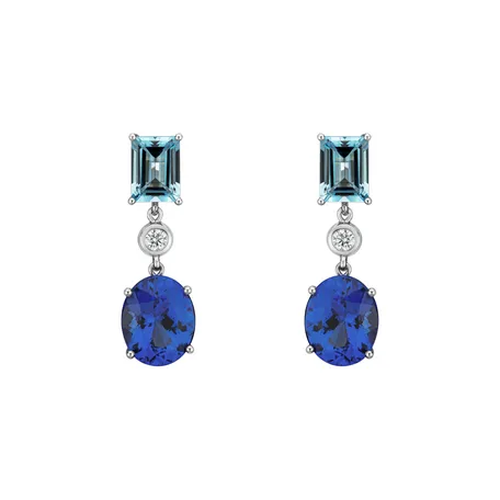 Diamond earrings, Aquamarine and Tanzanite Miracle Rain