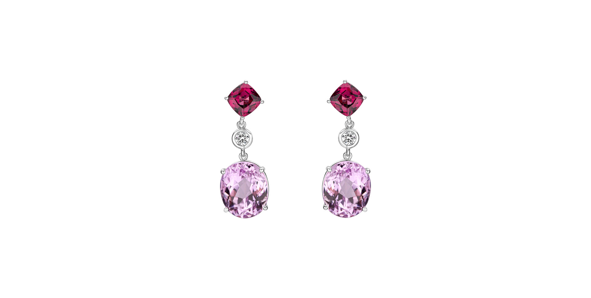 Diamond earrings, Garnet and Kunzite Purple Rain