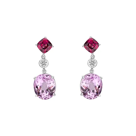 Diamond earrings, Garnet and Kunzite Purple Rain