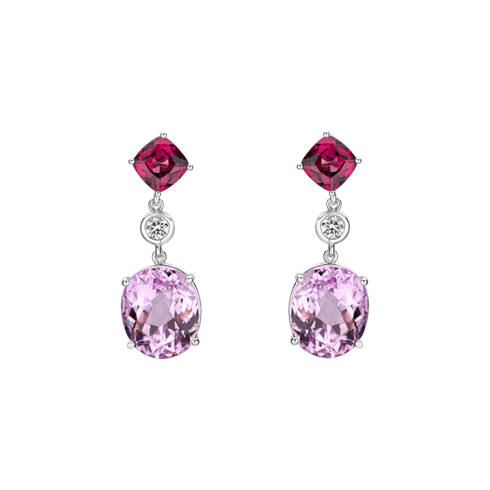 Diamond earrings, Garnet and Kunzite Purple Rain