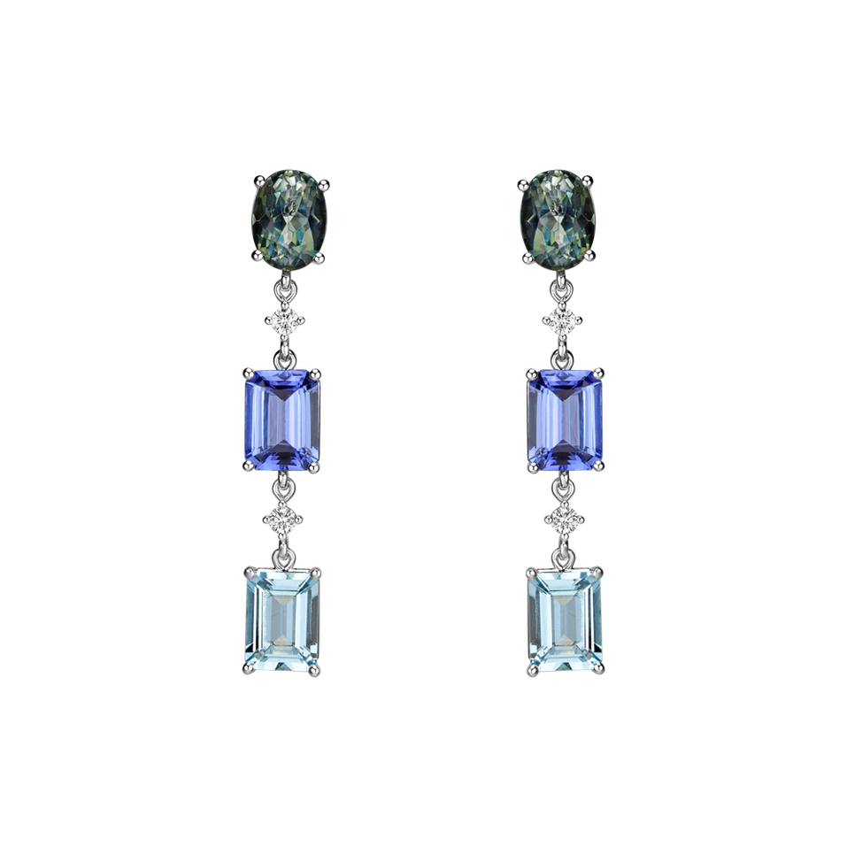 Diamond earrings, Aquamarine, Tanzanite and multisapphire Mystic Rain